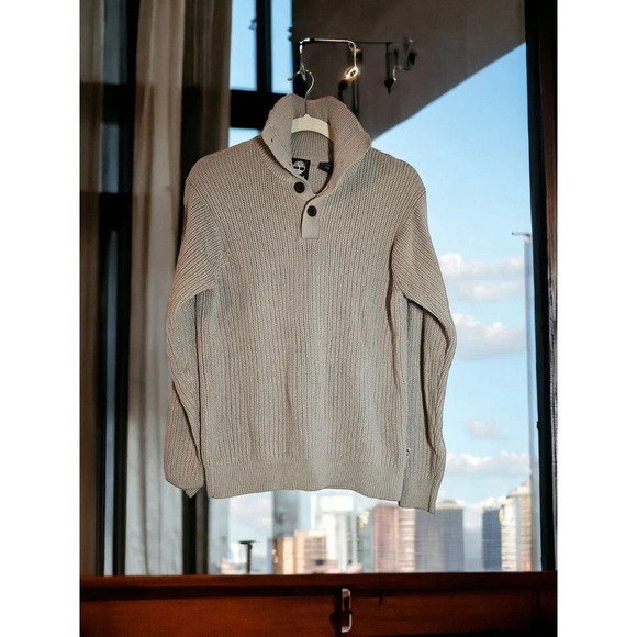 Timberland Sweater Tan Beige 5 Button Up Shawl Collar Size S Outdoors Knit - Picture 1 of 7